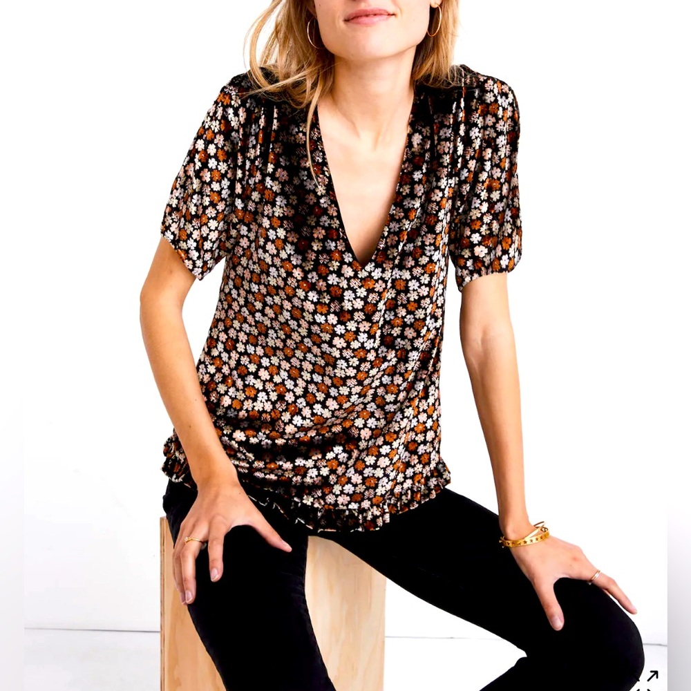 Madewell Women’s XS Black Brown Velvet Tulip Sleeve Ruffle Top in Petite Blooms